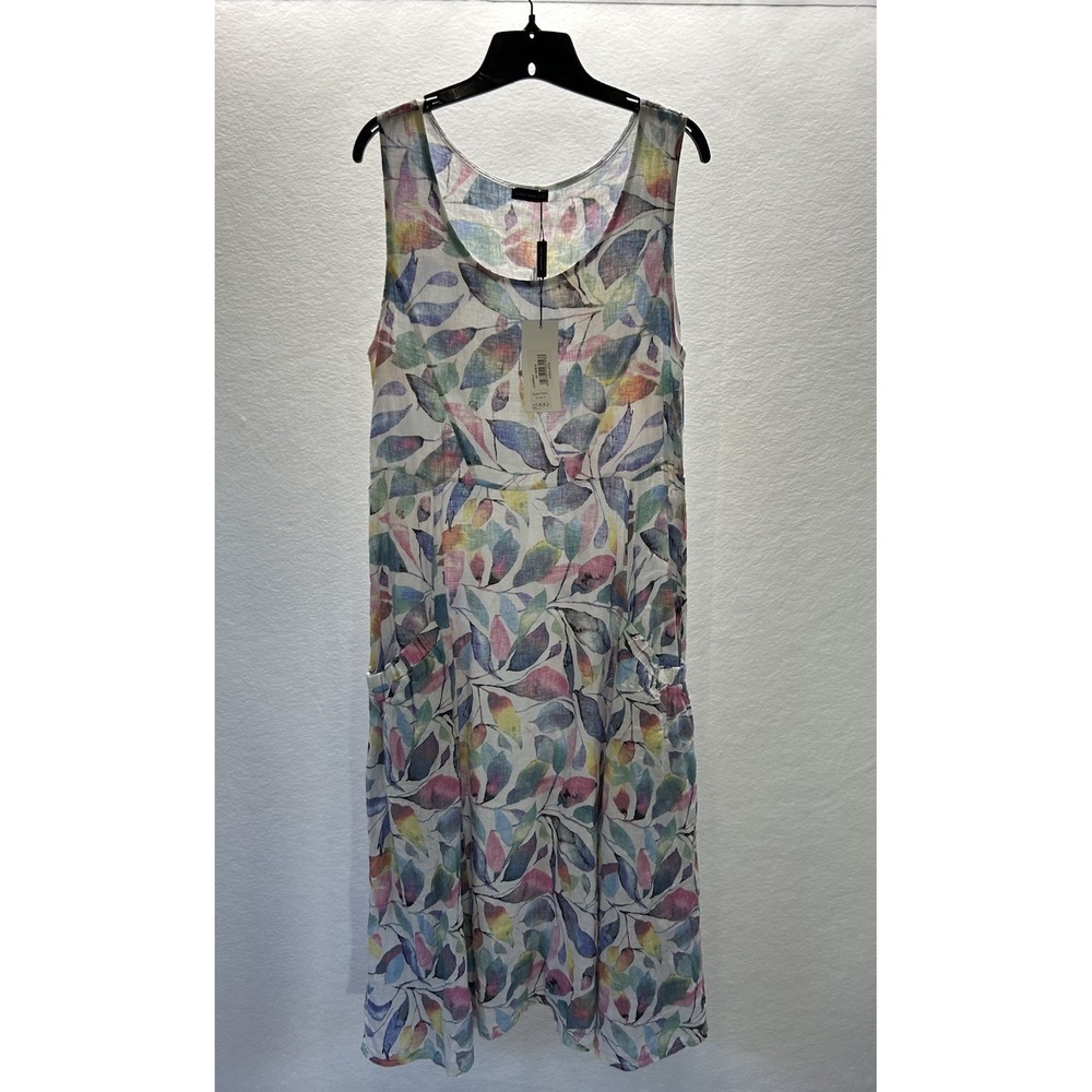 Luca Vanucci Bohemian White Watercolor 100% Linen Tank Flared Dress Size S